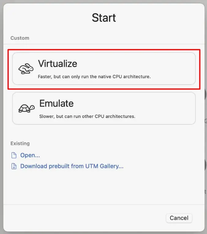 Выбор режима Virtualize вместо Emulate в UTM