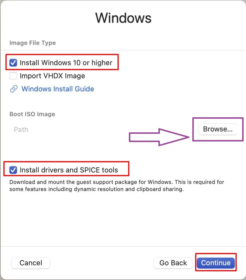 Выбор ISO-образа Windows и включение SPICE guest tools в UTM