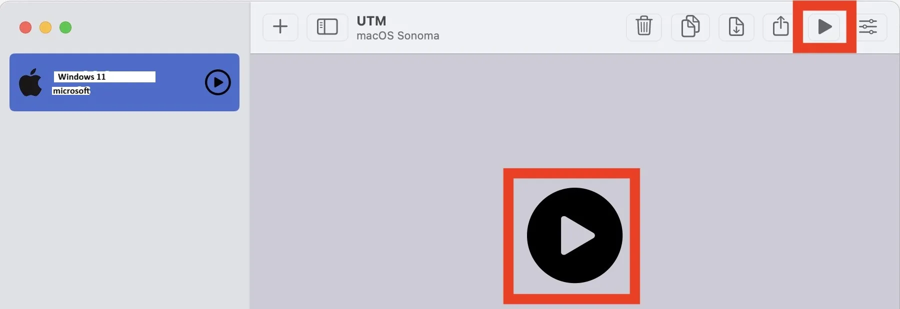 Запуск виртуальной машины Windows кнопкой Play в UTM